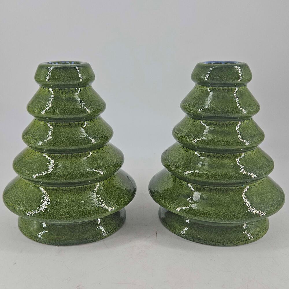 Pair of Crate and Barrel green ceramic Christmas tree candle holders Portugal